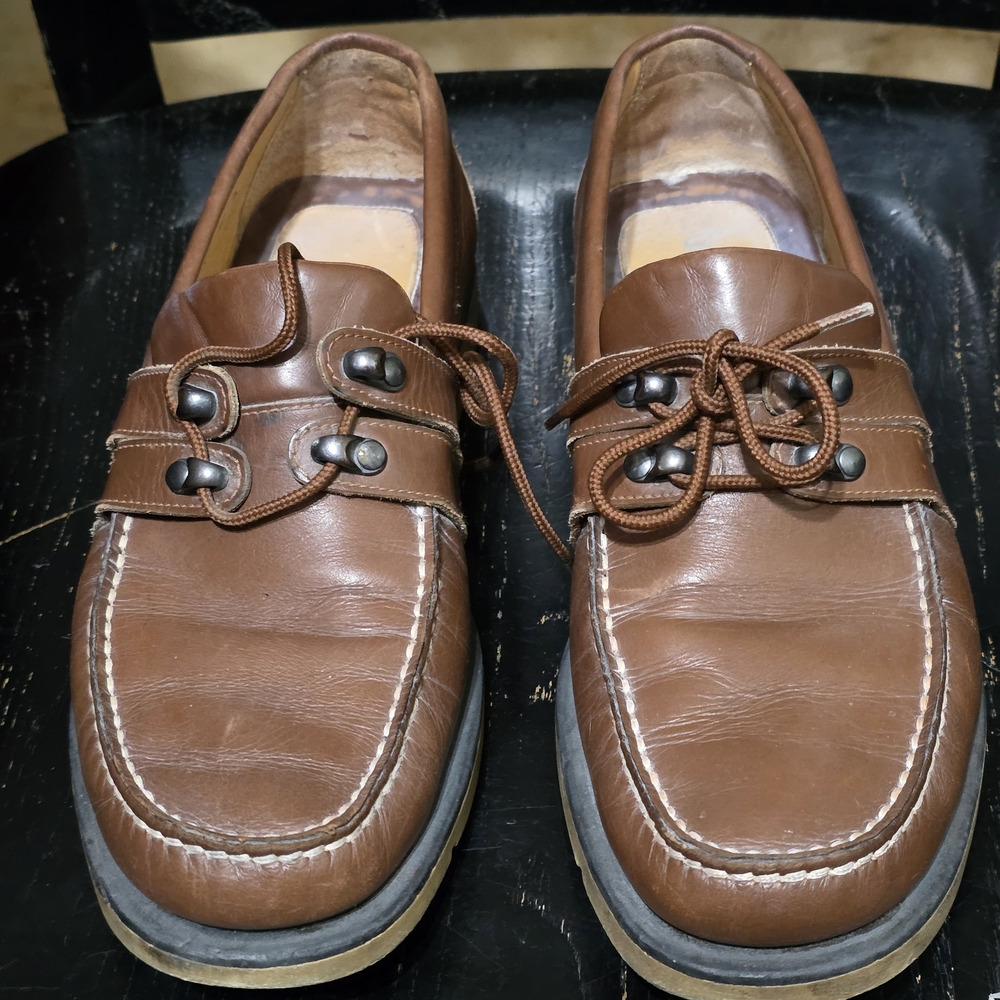 Salvatore Ferragamo Brown Leather Moc-Toe Boat Shoes with Metal Eyelets